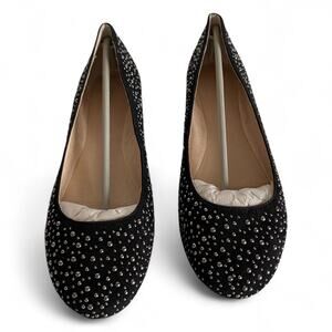 Donnabella : NEW Suede French Ballet Flats Black Crystal Studded Round Toe 9.5M